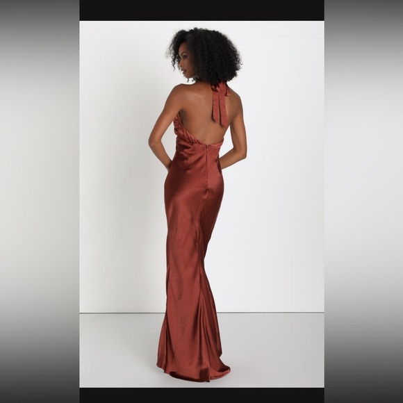 Lulus start of forever brown satin halter mermaid maxi dress - Picture 3 of 9